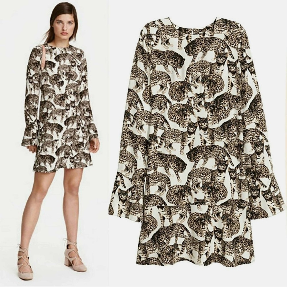 H&M Bengal Cat White Grey Black Animal Print A Line Mod Retro Fit 2